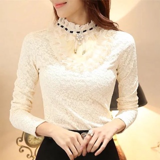 Áo thun nữ tay dài phối ren plus