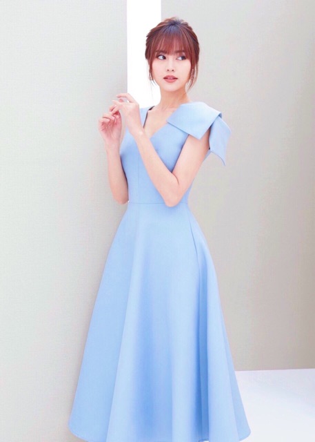 Đầm váy xanh form dài nơ vai