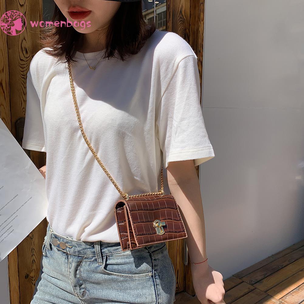 Túi da PU mini đeo chéo màu trơn phối quai đeo mắt xích thanh lịch cho nữ