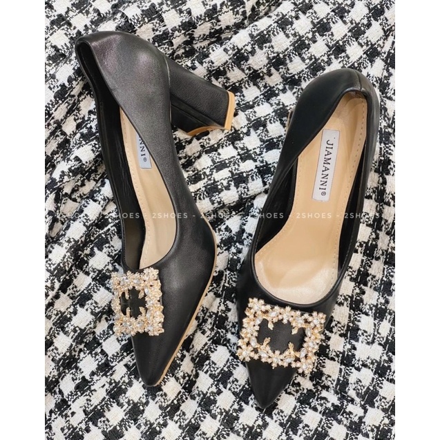 Giày cao gót bít mũi nhọn gót vuông 8 phân mũi hiệu đá vuông hoa liti siêu sang K30