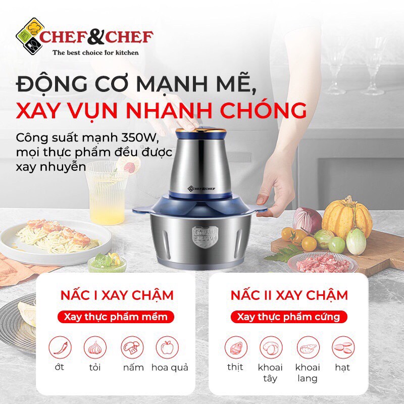 [Chính hãng] Máy xay thịt đa năng Chef&amp;Chef, cối inox304 2L, công suất 350w - siêu bền