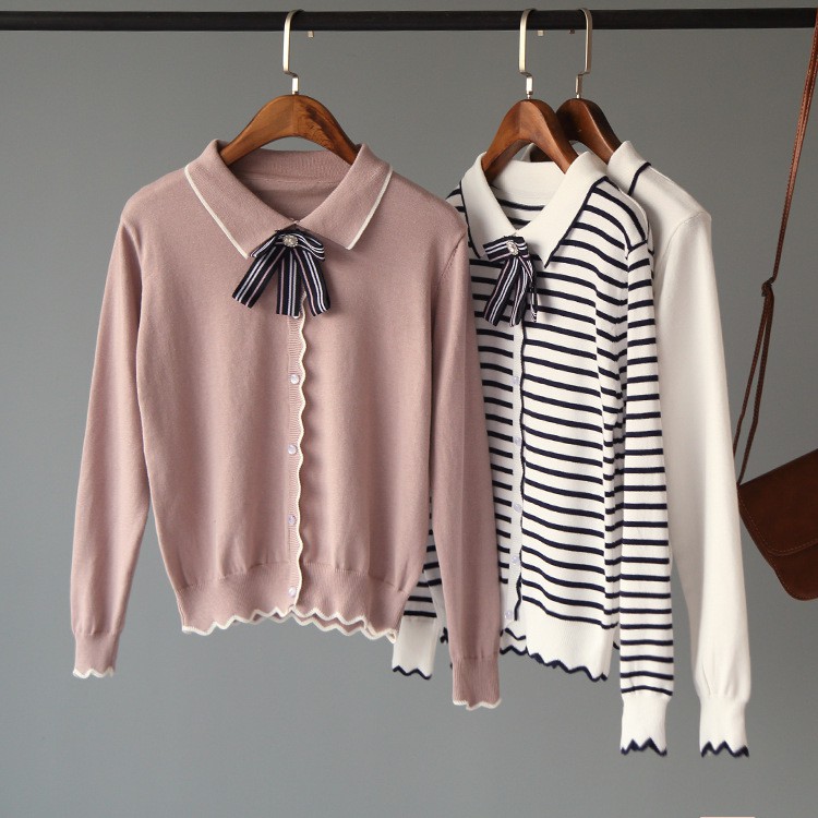 ÁO CARDIGAN LEN MỊN DÁNG NGẮN CỔ SƠ MI KÈM NƠ ÁO LEN KHOÁC KẺ ULZZANG ẤM ÁP DỊU DÀNG MÙA THU STYLE HÀN QUỐC NHẬT BẢN