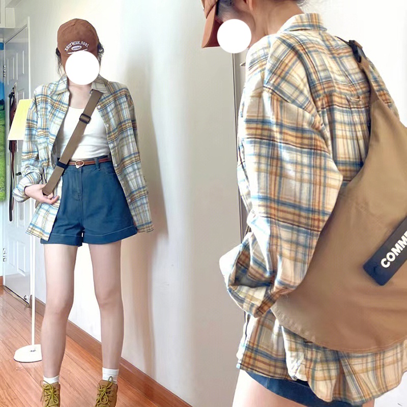 IELGY    Áo Sơ Mi Tay Dài Dáng Rộng Họa Tiết Kẻ Sọc Phong Cách retro Dành Cho Nữ