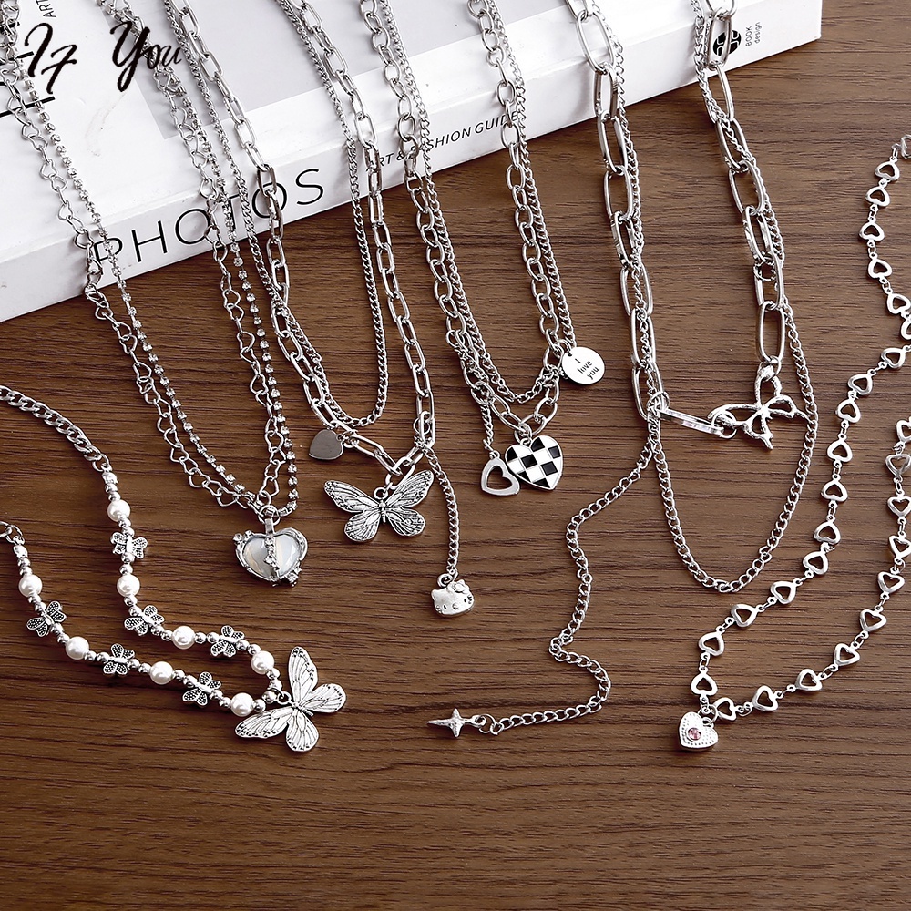 Dây chuyền AY mạ bạc Y2K mặt bướm trái tim chữ thập ngọc trai nhân tạo nhiều mẫu tùy chọn thời trang Hàn Quốc cho nữ