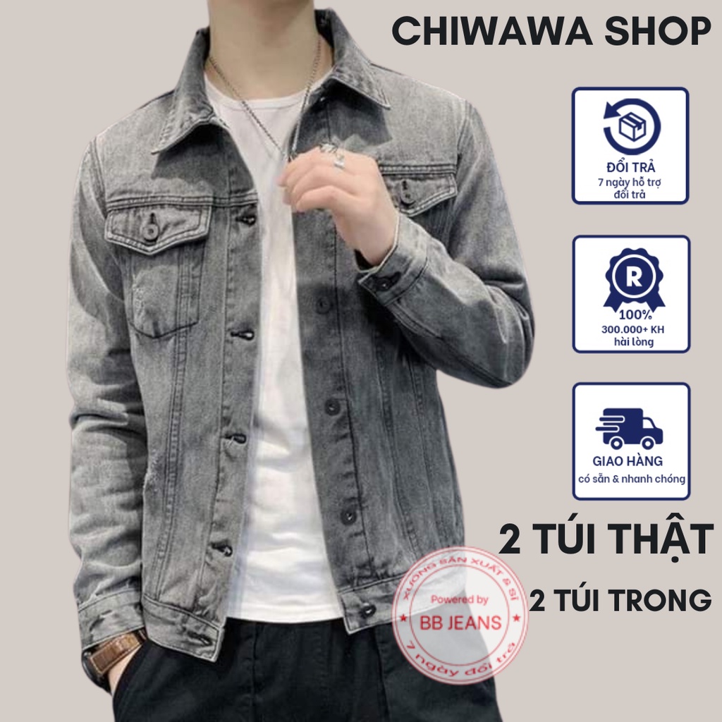 Áo khoác jean nam xám đen chữ M - áo đen rách cao cấp túi trong 2 lớp form rộng Chiwawa shop