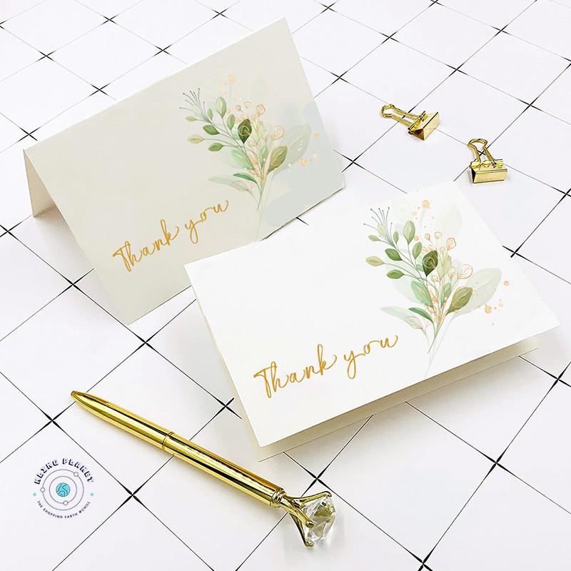 Thiệp Thank You trắng phong bì xanh viền gold 16x11cm xinh đẹp, sang trọng