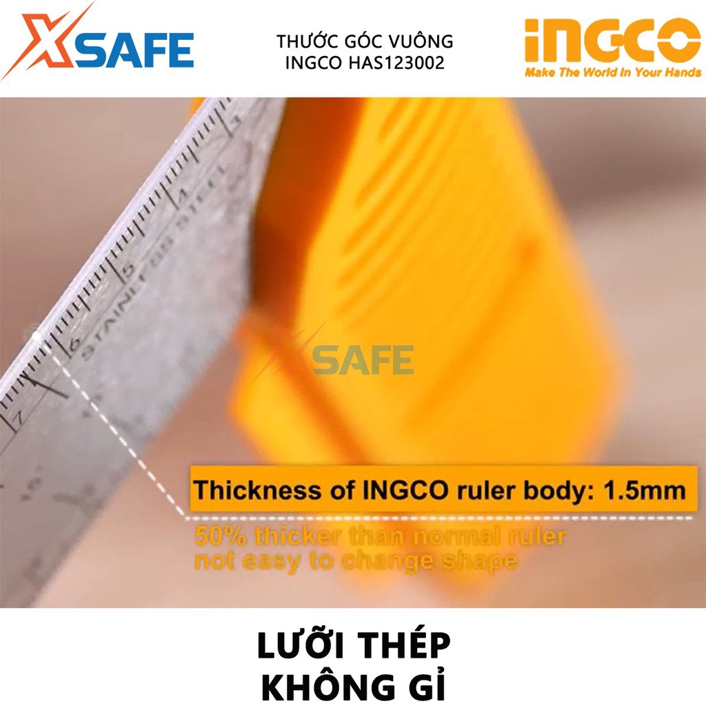 Thước đo góc vuông INGCO HAS123002 Ê ke chiều dài 300mm(12&quot;), chiều rộng lưỡi dao 40mm, lưỡi thép không gỉ dày 1.5mm