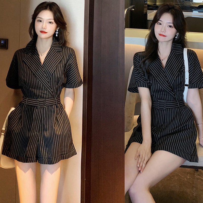 Jumsuit ngắn 🌸FREESHIP🌸 Jum short kẽ sọc cổ vest kèm belt liền dây kéo lưng xinh xắn TJ1169