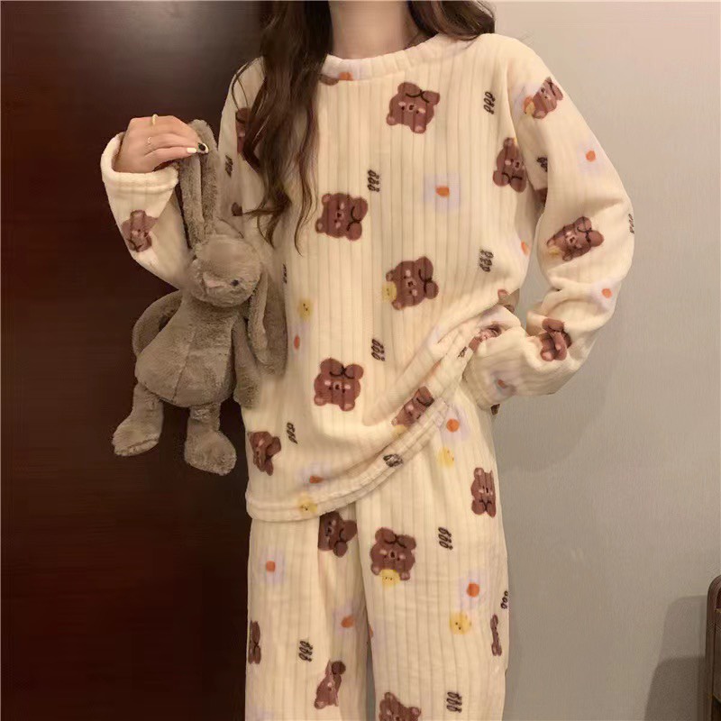 Bộ đồ ngủ lông trơn họa tiết gấu giữ nhiệt mặc nhà siêu ấm cute BLG/0320