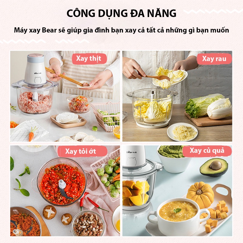 Máy xay thịt đa năng Bear QSJ-B02Q1 , máy xay thịt cá cối thủy tinh CAO CẤP 2L 300W, 4 lưỡi dao thép không gỉ