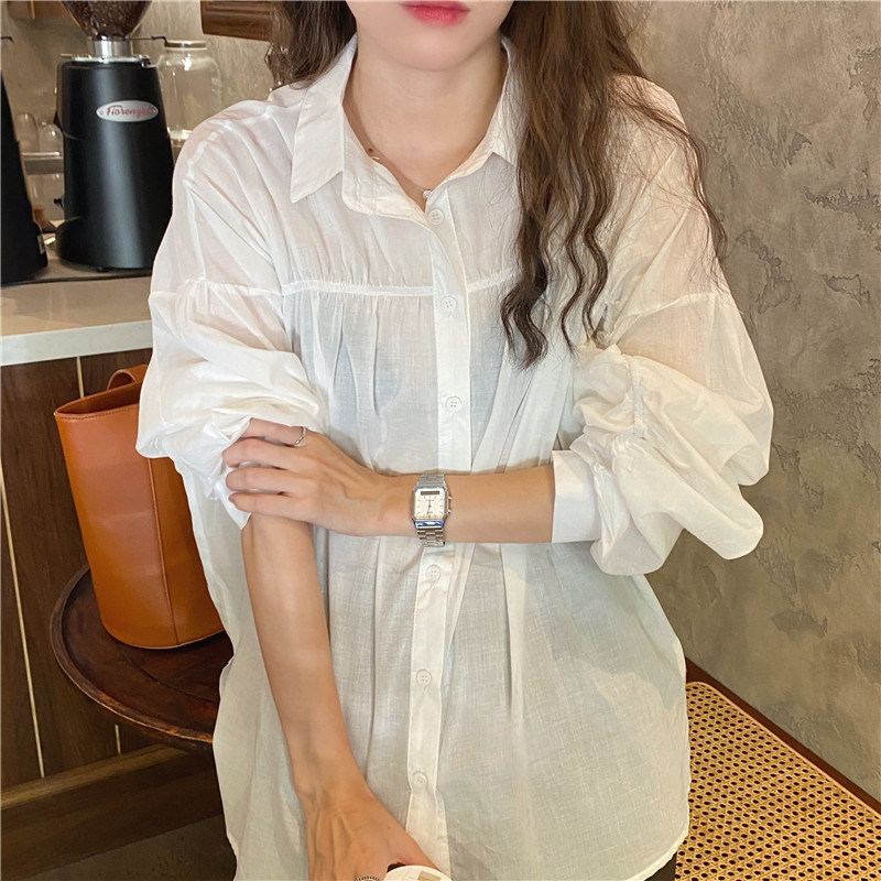 Áo sơ mi dài tay thời trang đơn giản 179077Áo sơ mi tay dài dáng rộng kiểu xếp ly phong cách thời trang hàn quốc | BigBuy360 - bigbuy360.vn