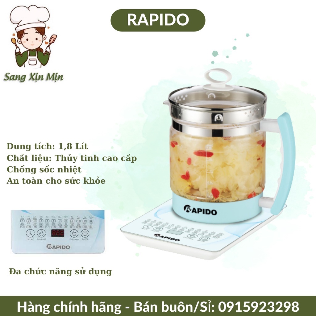 Ấm điện thuỷ tinh đa năng Rapido RMK0818-S2 dùng để chưng yến, đun sữa, pha trà