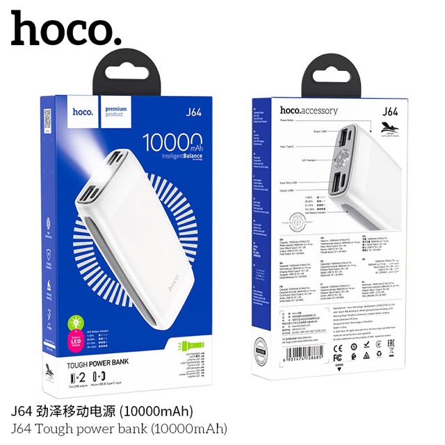 Pin sạch dự phòng Hoco H64 Tough 10000mAh 2 cổng Input, Output 2A, Đèn pin - Hàng chính hãng