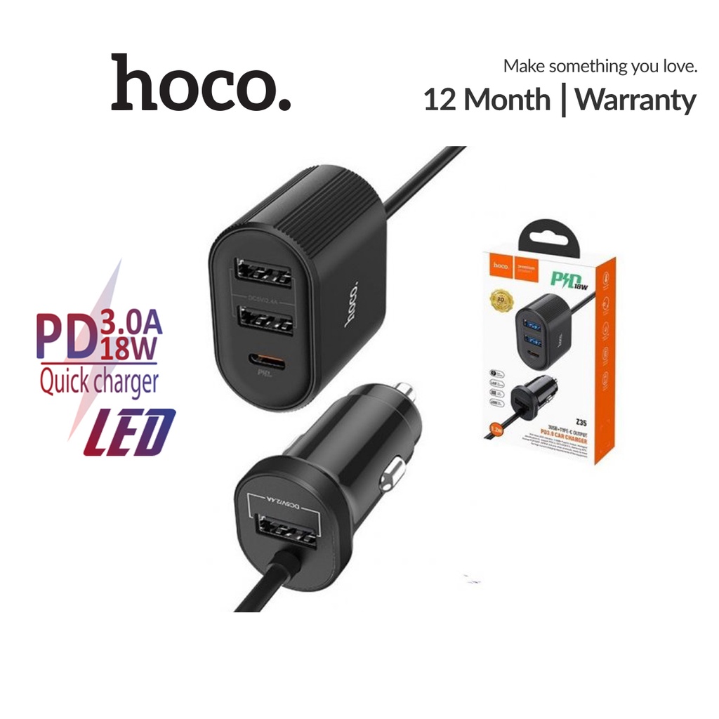 Bộ Tẩu sạc Hoco Z35 PD18W có 3 cổng USB+Type-C kèm dây sạc nhanh 1.2m tích hợp đèn Led dành cho xe o tô