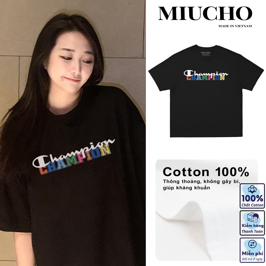Áo phông chamipon nữ form rộng tay lỡ unisex, áo thun chamipon nữ form rộng tay lỡ unisex cotton AT133 Miucho in logo