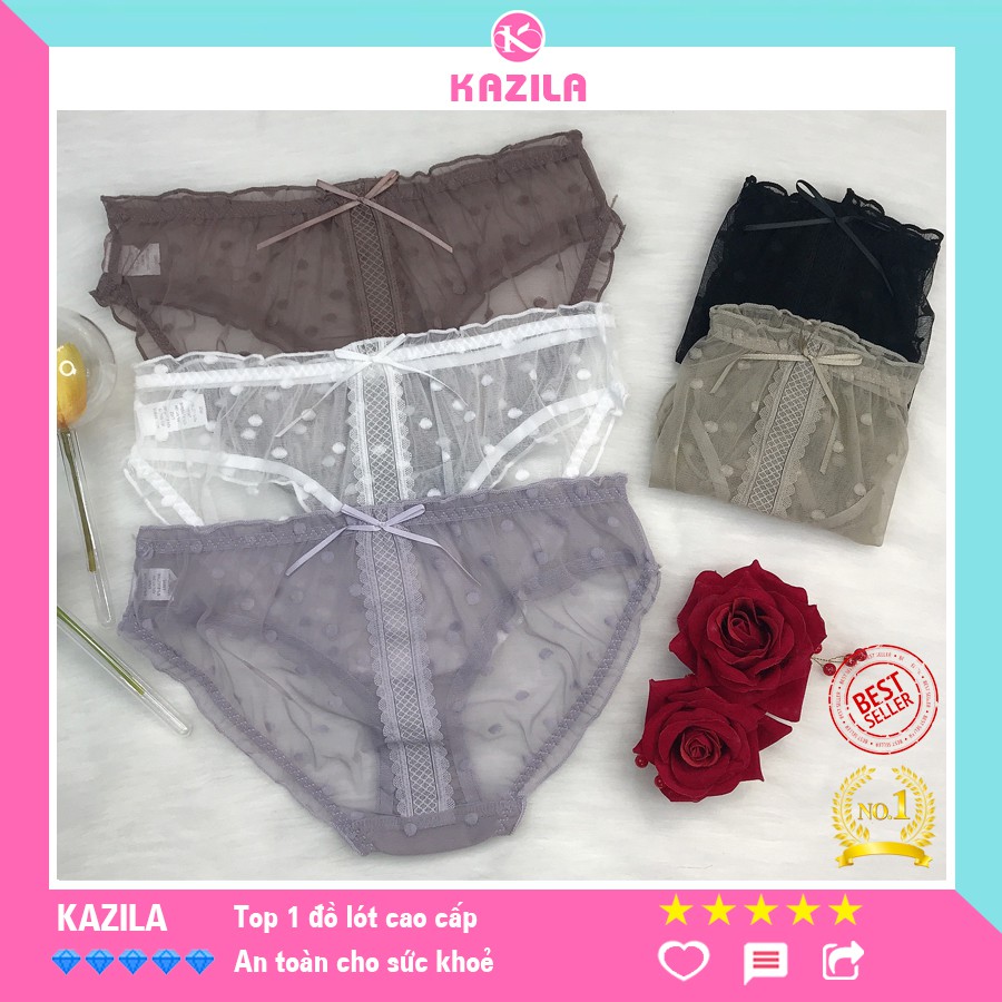 Quần lót ren nữ freesize chấm bi dạng lưới siêu mỏng, quần lót ren sexy gắn nơ dễ thương Kazila QLR4