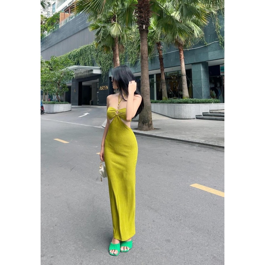 Đầm xốp dáng dài khoen ngực đeo dây cổ hot hit 1 dây lưng thl