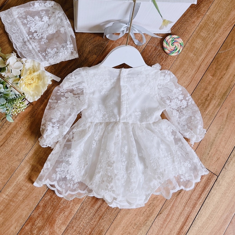 Váy công chúa dài tay ren trắng kiểu dáng tiểu thư xinh xắn cho bé gái