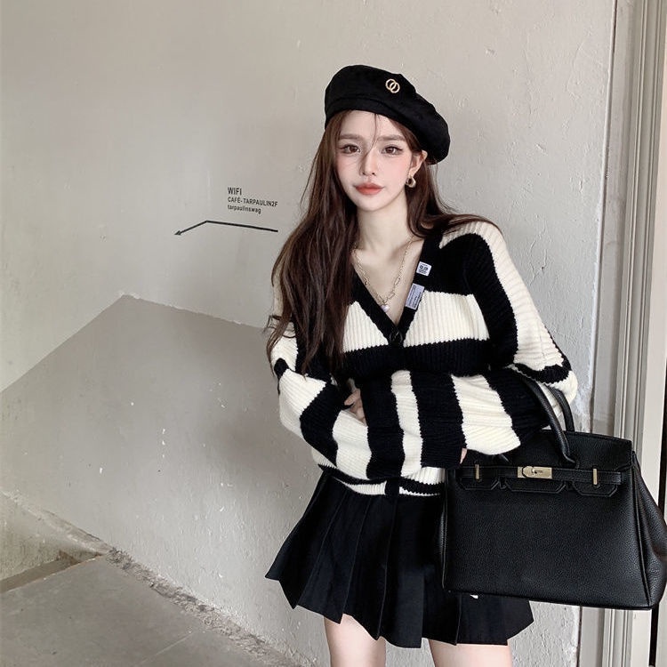 Jiashucheng Áo Khoác Cardigan Dệt Kim Tay Dài Dáng Rộng Họa Tiết Kẻ Sọc Phong Cách Retro Nhật Bản