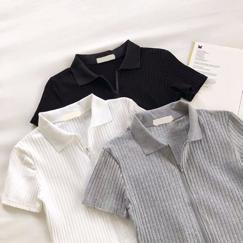 CÓ SẴN | ÁO CROPTOP TAY NGẮN CÓ CỔ, KHOÁ KÉO | BigBuy360 - bigbuy360.vn