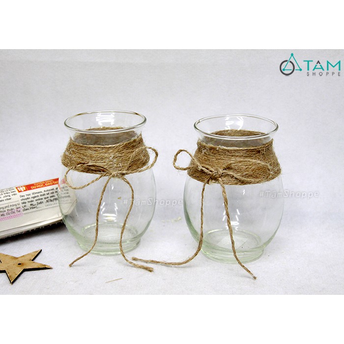 Lọ thủy tinh tròn miệng ống quấn dây thừng thắt nơ đơn giản G-LH-60 TAN
