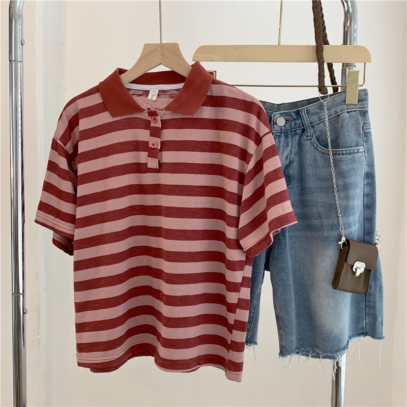 SUXI Áo polo Cotton Ngắn Tay Họa Tiết Sọc Ngang Thời Trang Dành Cho Nữ