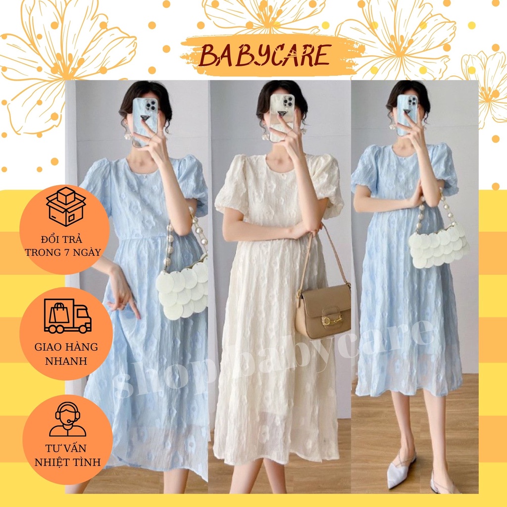 VÁY BẦU HOA NỔI CHẤT MỀM MÁT BO ỐNG TAY XINH XẮN- ĐẦM BẦU TIẾU THƯ 2 LỚP DỄ THƯƠNG