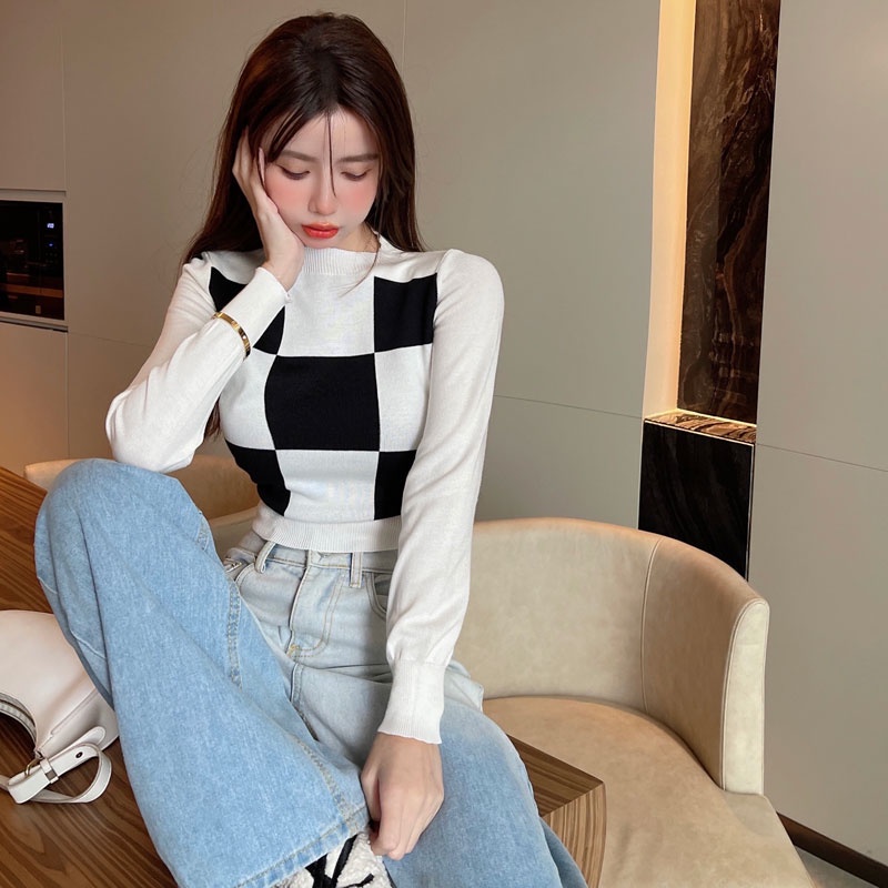 QADCOL Áo len tay dài họa tiết caro thời trang cho nữ