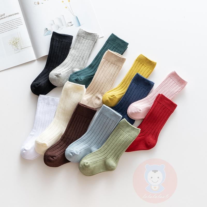 Laa6- Tất Dệt Kim Cao Đến Đầu Gối Không Đường May Màu Trơn Có Gân Dành Cho Bé Tập Đi