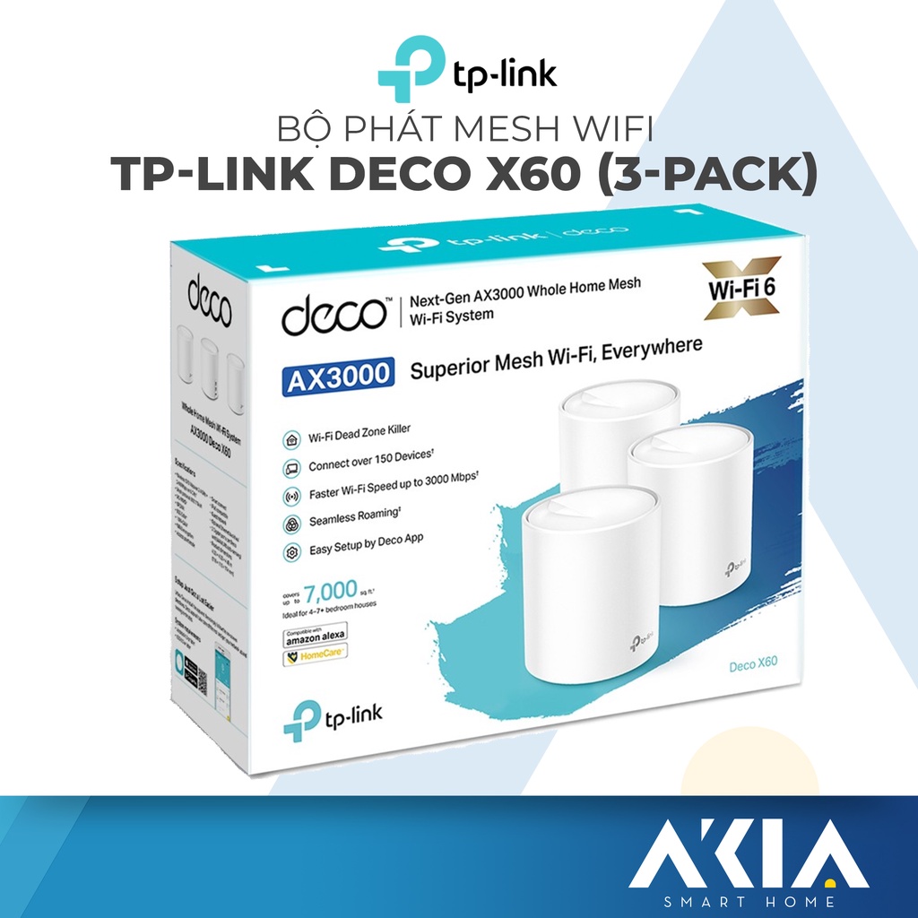 Bộ phát wifi mesh tp link Deco X60 (3-pack), router wifi 6 tốc độ cao ax3000mbps, 1 tên mạng duy nhất, bảo hành 2 năm