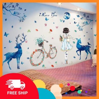 ⚡️𝗙𝗥𝗘𝗘𝗦𝗛𝗜𝗣⚡️ Decal dán tường Cô gái và hươu xanh