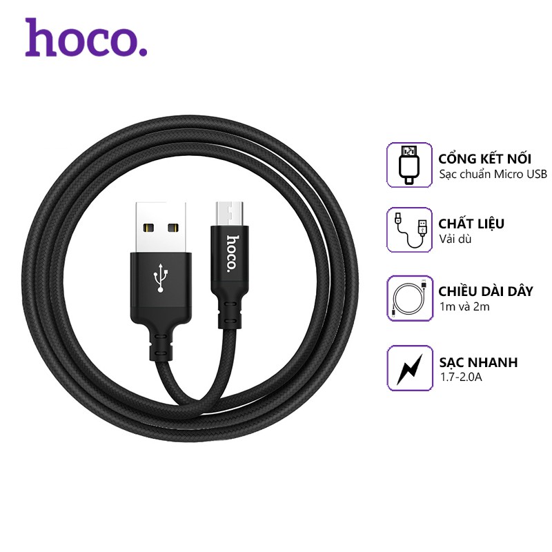 Cáp sạc nhanh Hoco X14 dây dù 2.0A, cổng kết nối Micro Usb, dài 1m