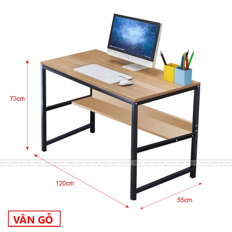 Bàn làm việc có giá sách dưới gầm bàn gọn nhẹ lắp ráp dễ dàng, mặt bàn dày 17li khung sắt tự lắp ráp đơn giản.