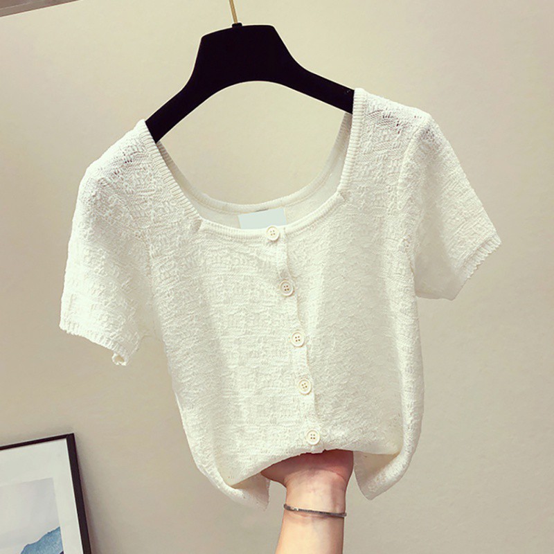 Áo thun dệt kim tay ngắn phối nút cho phái nữ