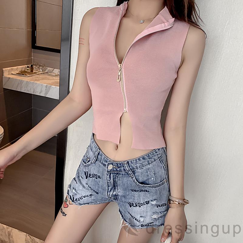 Áo Croptop Không Tay Cổ Tròn Khóa Kéo Màu Trơn / Đỏ / Đen / Trắng / Hồng Cho Nữ