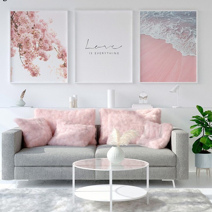 Tranh treo tường trang trí nội thất hình bãi biển màu hồng theo phong cách Scandinavian