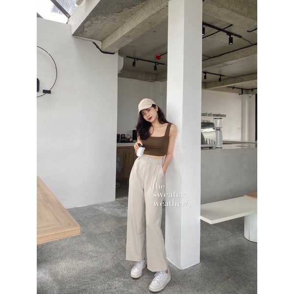Áo hai dây bản to croptop có sẵn đệm mút, áo bra nâu be đen ( Ảnh thật )