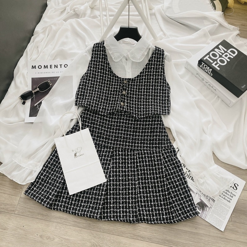 Set 3 món sơ mi tay bồng áo gile mix chân váy xoè dày dặn