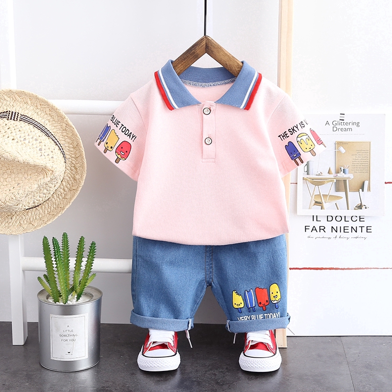 Set Áo Thun Ngắn Tay In Họa Tiết Graffiti + Quần Short Denim Thời Trang Mùa Hè Cho Bé Trai 0-5 Tuổi