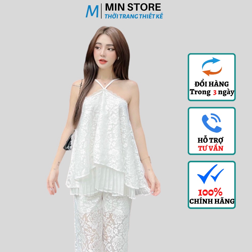Set Áo Cổ Yếm Trắng Chất Tơ Hoa Nổi Kèm Quần Dài Ống Rộng Siêu Hot Hit Áo Thiết Kế 2 Dây Chéo