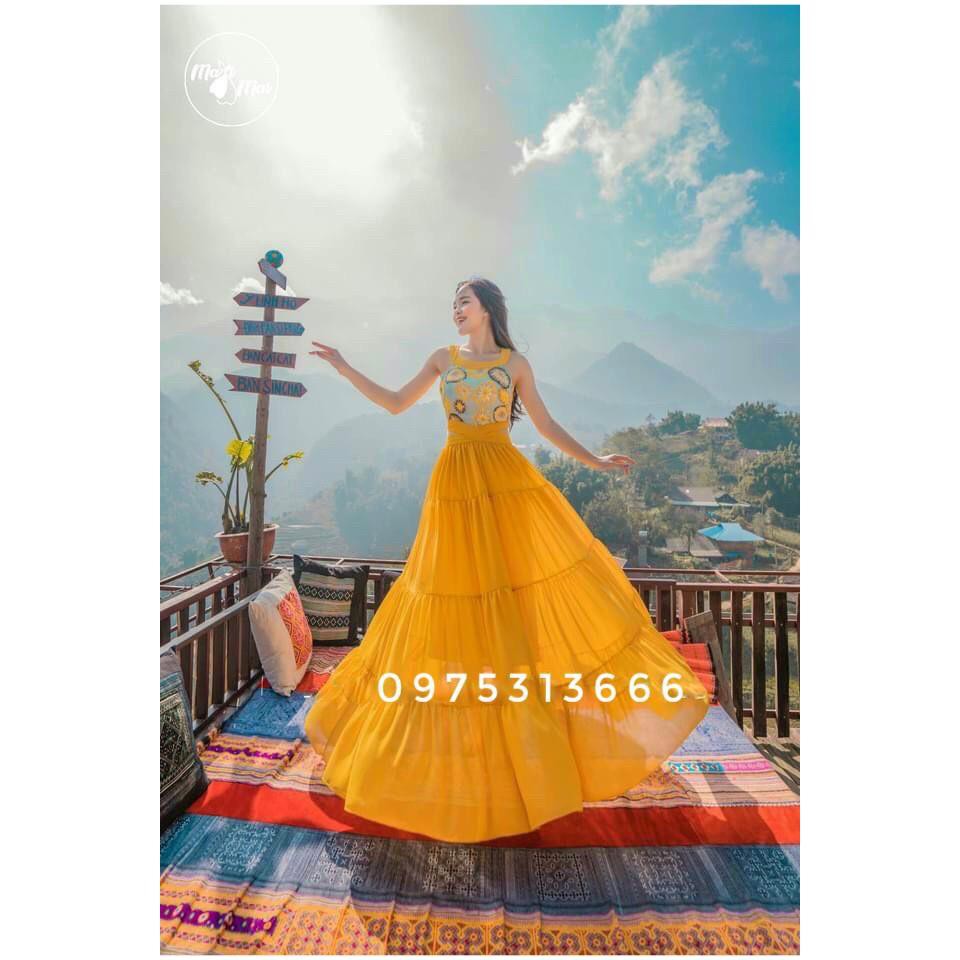Đầm Vintage, Váy Maxi Đi Biển V89, Chất Lụa Mềm Mát, Màu Vàng Phối Thổ Cẩm, Siêu Phẩm Của Tín Đồ Sống Ảo, Mẫu Mới 2021