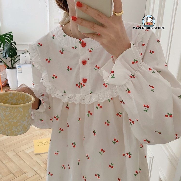 Đồ ngủ tay dài họa tiết quả Cherry dễ thương cho nữ