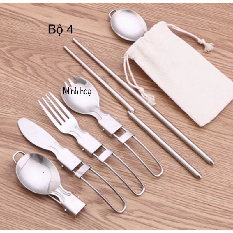 Bộ dao thìa dĩa đũa kèm túi vải dây rút cho du lịch dã ngoại