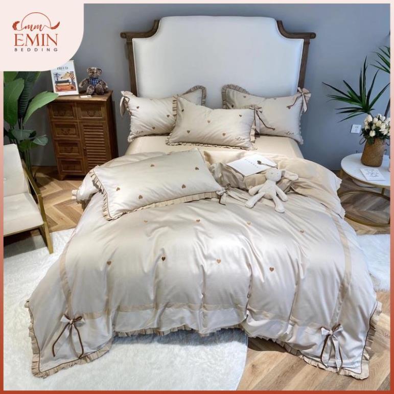 Bộ chăn ga gối CottonSateen thêu tim EMIN Bedding cưới-sang trọng-mềm mịn-nhã nhặn