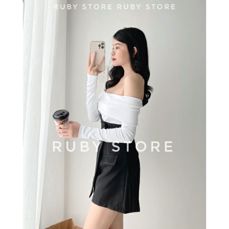 Set áo bẹt vai tay dài len kèm chân váy viền chỉ xịn xò