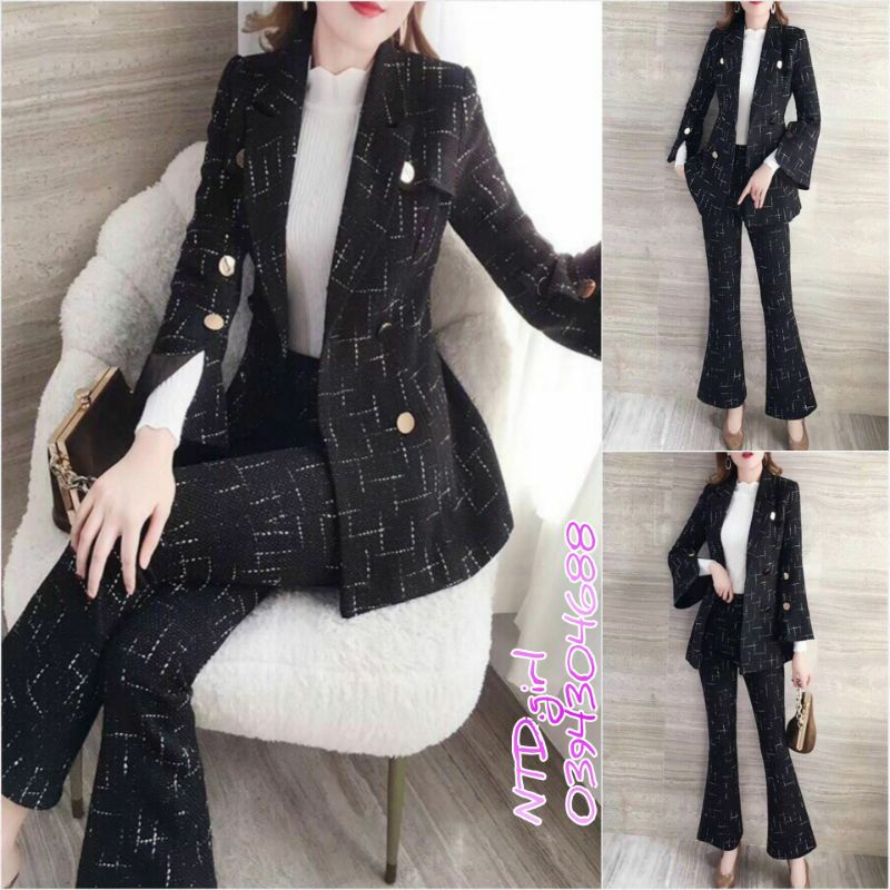 Hàng nhập - Set bộ vest nữ vải dạ kim tuyến ống loe, sét đồ thời trang quần áo blazer công sở