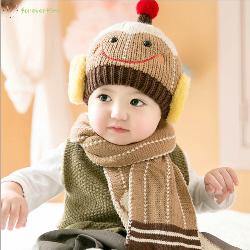 ☞mũ☜ Baby Boys Girls Knitted Hat + Scarf Smile Face Winter Warm Beanie Cap Hats Scarf Set