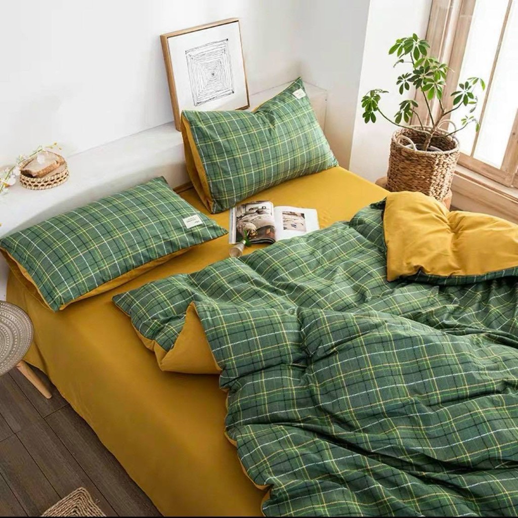 Bộ Chăn Ga Gối Cotton TC Emmidecor cao cấp Chăn ga TC kẻ miễn phí bo chun