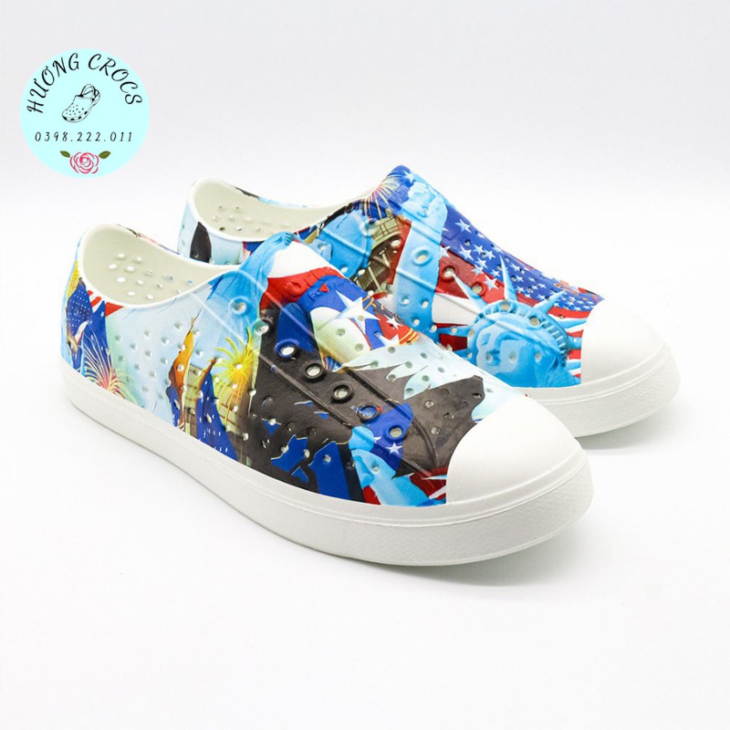 Giày nhựa Orban cá tính hoạ tiết xanh, giày lười đi mưa, đi biển, chất liệu siêu nhẹ, không thấm nước