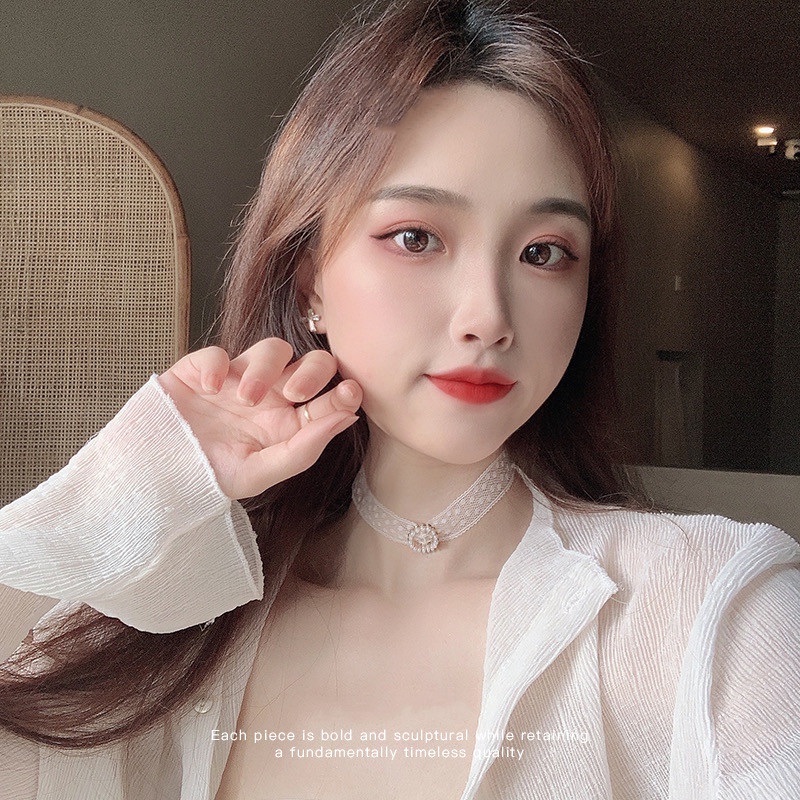 Vòng Cổ Choker Dây Ren Trắng Đính Ngọc Trai Phong Cách Hàn Quốc